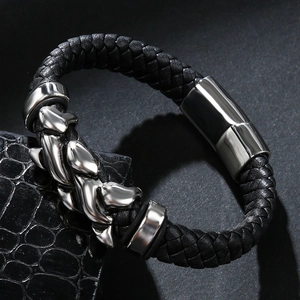 Men's hip-hop black braided leather bracelet with silver metal dragon head magnetic clasp