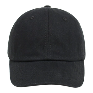Close-up of black twill cotton baseball cap with six-panel design and curved brim