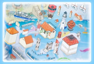 Detail of 3D miniature Qingdao city stickers showing landmark buildings and yachts