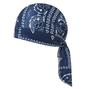 Detail view of navy blue paisley durag with smooth satin texture and white edge stitching
