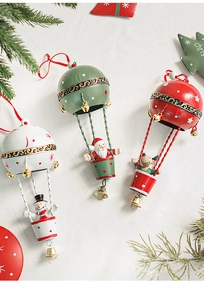 Christmas painted metal hot air balloon ornaments with Santa and snowman details