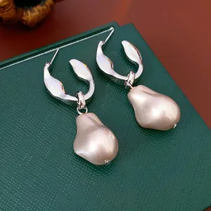 French Retro Irregular Artificial Baroque Pearl Drop Earrings For Women Copper With 925 Sterling Silver Earring Post Chic