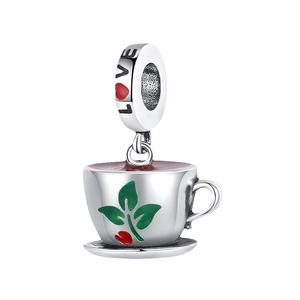 Silver coffee cup charm with love engraving and enamel leaf patterns for DIY bracelets