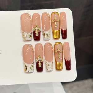 Coffin Press On Nails Style Français Longs Faux Ongles Croix Alliage Fausse Künstliche Perle Strass Rouge Or Rose Gothique Manucure