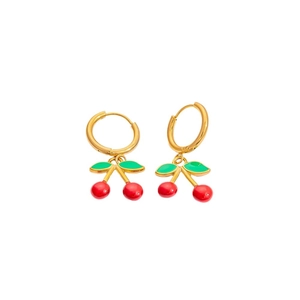 Golden hoop earrings with red enamel cherry pendants, 18k gold plated jewelry for women