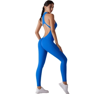 Combinaison de yoga bleue dos nu avec fermeture éclair frontale et coupe gainante