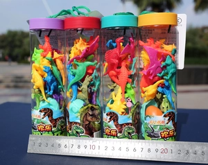 Detailed set of four mini toy dinosaur tubes with colorful models and rulers for scale
