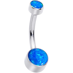 Titanium curved barbell navel ring with blue opal stones on a clean white background