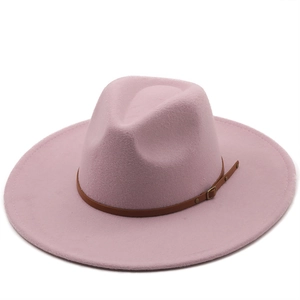 Wide brim wool felt jazz hat in dusty rose with a brown leather buckle strap