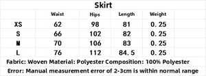 Size chart for black tiered skirt detailing XS-L waist, hip, length, and weight metrics