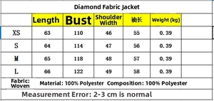 Tableau des tailles détaillé pour veste en strass à col rond avec mesures et tissu