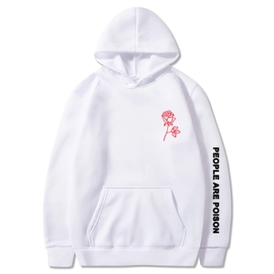 Detail of red rose line drawing print and People Are Poison text on white hoodie sleeve