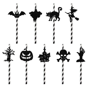 Halloween black and white striped paper straws with assorted glittery spooky character toppers