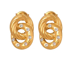Fashion Titanium Steel Rhinestone Double Circle Stud Earrings For Women 18K Gold Plated Geometric Intertwined Jewelry Gift