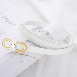 Minimalist white skinny leather belt for women with elegant golden oval metal buckle