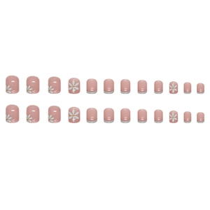 Short square-oval press-on nails with pink base, daisy art and silver glitter edges