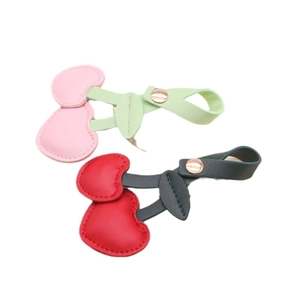 Pastel pink and red PU leather cherry keychains with green leaves and gold metal snaps