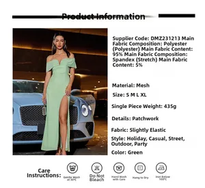 Detailed size chart for a sexy off-shoulder sequin green dress with fabric specifications