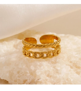 Detail of 18K gold plated double layer ring with rope and Cuban chain texture