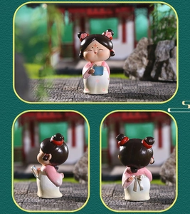 Detailed views of Tang Dynasty style resin maiden figurine from front, side, and back angles