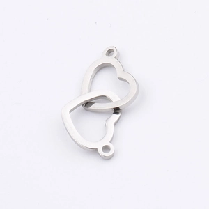 Polished stainless steel interlocking double heart connectors with dual hanging loops