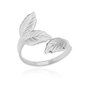 Detail of silver adjustable open ring featuring three overlapping leaf patterns with veins