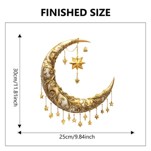 Detailed size chart of golden crescent moon wall decor with vine motifs and star charms