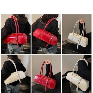Retro minimalist high-gloss PU leather baguette bag with dual shoulder straps