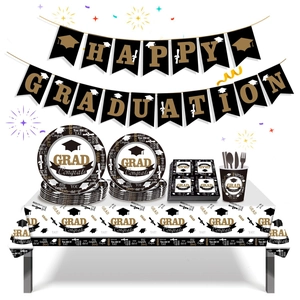 Afstudeerfeest Servies Banner Tafelkleed Servetten Borden Bekers Bestek Zwart Goud Wit Gefeliciteerd Decoratie