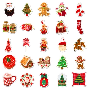 Detailed 5x5 grid layout of 25 unique cartoon Christmas stickers on a white background