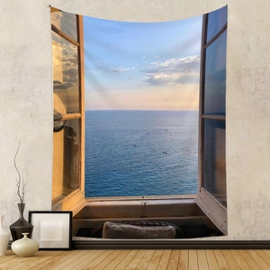 Detail of bohemian wall tapestry with realistic window ocean view for home decoration