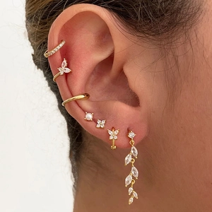 Elegant 18k gold leaf earrings and butterfly zircon studs set for women shown on ear