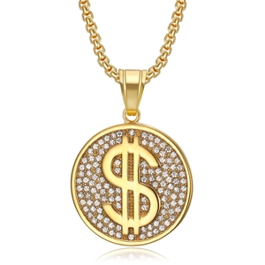 Collier hip hop en acier inoxydable doré avec pendentif signe dollar glacé sur fond blanc