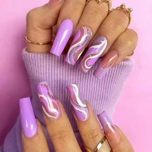 Long Ballerina Press On Nails Purple Wave Pattern Lavender Marble Artistic Fake Nails Glitter UV Coated Manicure For Women