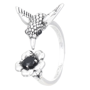Vintage silver hummingbird and flower open ring with black gemstone accents for women