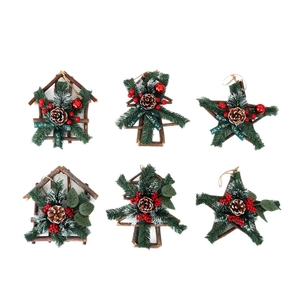 6-piece rustic Christmas ornaments with pine cones and red berries in tree and star shapes