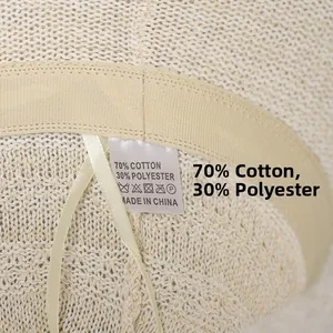 Detail view of cotton-blend knit hat interior showing sweatband and 70% cotton material