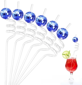 Blue disco mirror ball on transparent spiral straw with cocktail glass detail view