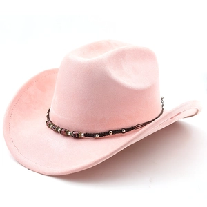 Detail of pink faux suede cowboy hat with braided beaded band and upturned brim