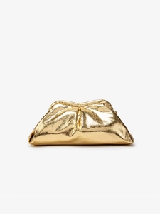 Detail shot of the golden metallic ruched cloud clutch bag with textured surface