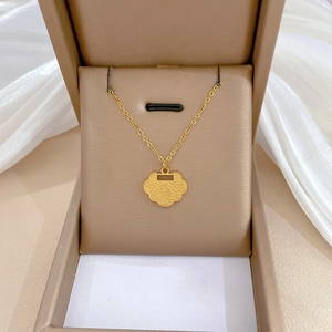Gold titanium steel necklace with lucky lock pendant in a luxury brown jewelry box