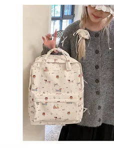 Detail of canvas backpack with cartoon dachshund and bow print worn by a model