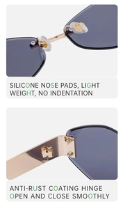 Detail of silicone nose pads and anti-rust metal hinges on luxury rimless sunglasses