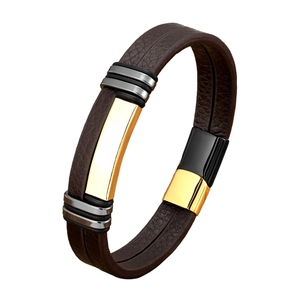Minimalist woven brown leather bracelet for men with gold and black metal clasp accents