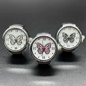 Vintage Butterfly Pattern Ring Watch Silver Alloy Elastic Band Quartz Finger Watch For Women Roman Numerals Round Dial Jewelry Gift