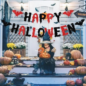 Detail of red and black glitter Happy Halloween banner with bat accents in a porch setting