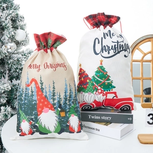 Linen Christmas gift bag with Santa and drawstring design for holiday candy storage