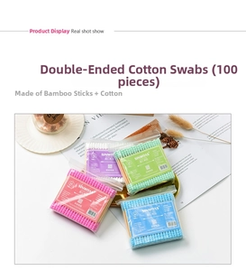 Close-up of dual-tip cotton swabs with pointed and spiral ends on bamboo sticks