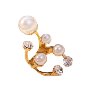 Lussuoso anello aperto in acciaio inossidabile dorato con perle eleganti e strass brillanti