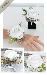 Detailed view of white artificial rose corsage and wrist flower with purple accents